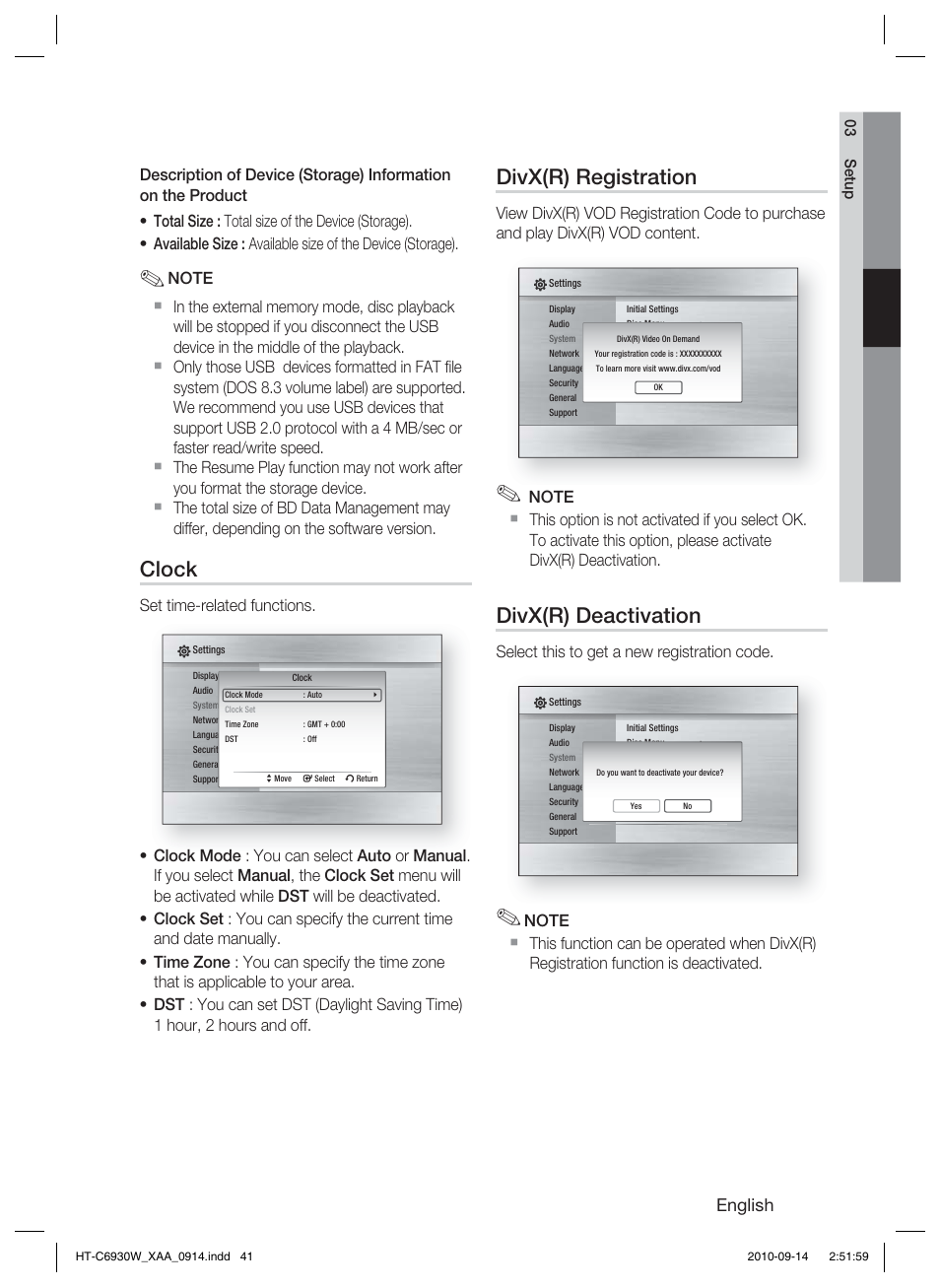 Clock, Divx(r) registration, Divx(r) deactivation | English, Set time-related functions, Select this to get a new registration code | Samsung AH68-02279Y User Manual | Page 41 / 74