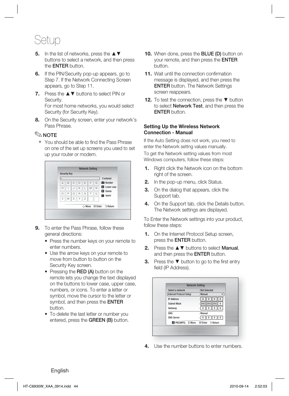 Setup, English | Samsung AH68-02279Y User Manual | Page 44 / 74