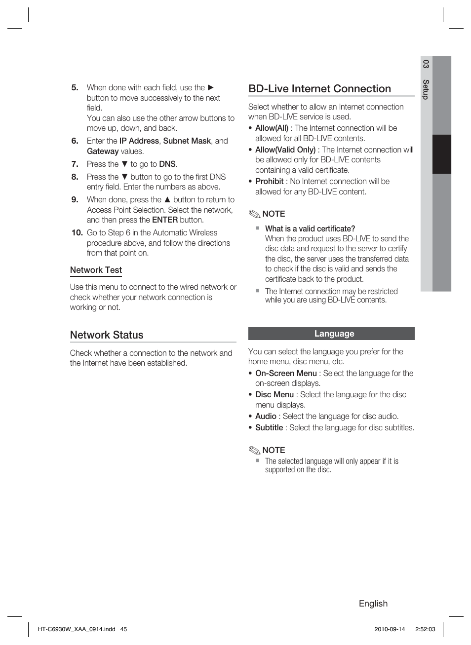 Network status, Bd-live internet connection, Language | Samsung AH68-02279Y User Manual | Page 45 / 74