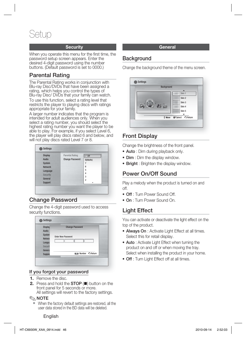 Security, Parental rating, Change password | General, Background, Front display, Power on/off sound, Light effect, Setup, English | Samsung AH68-02279Y User Manual | Page 46 / 74