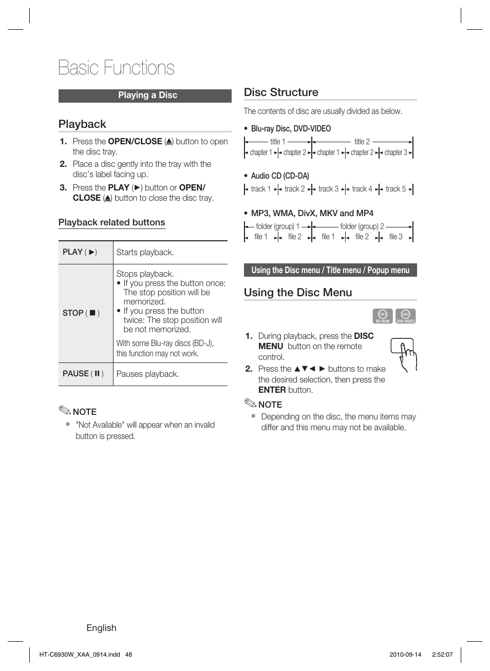 Basic functions, Playing a disc, Using the disc menu / title menu / popup menu | Playback, Disc structure, Using the disc menu | Samsung AH68-02279Y User Manual | Page 48 / 74
