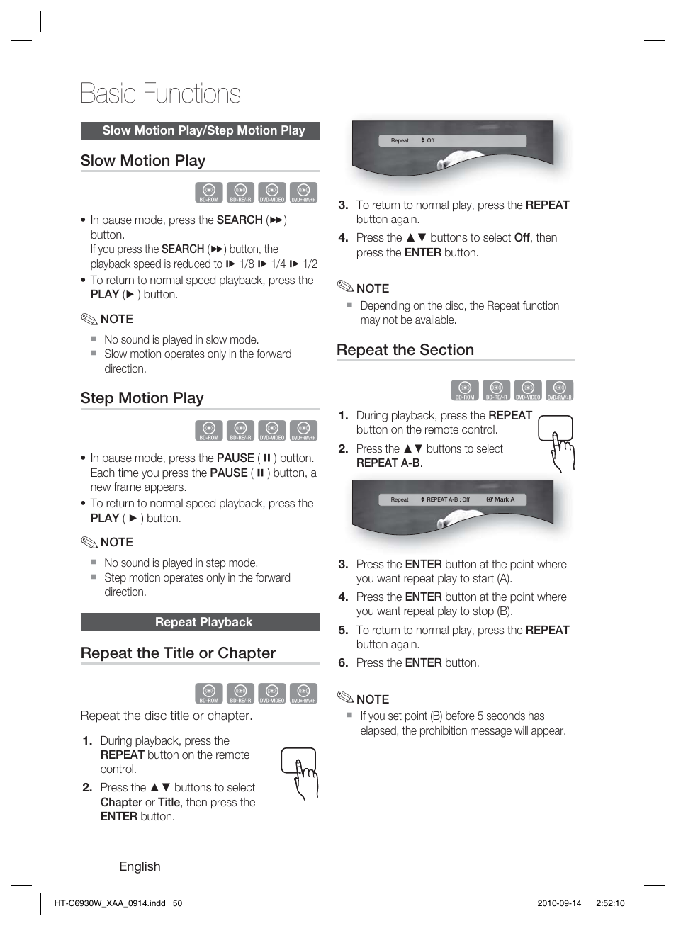 Slow motion play/step motion play, Repeat playback, Basic functions | Hzzy | Samsung AH68-02279Y User Manual | Page 50 / 74