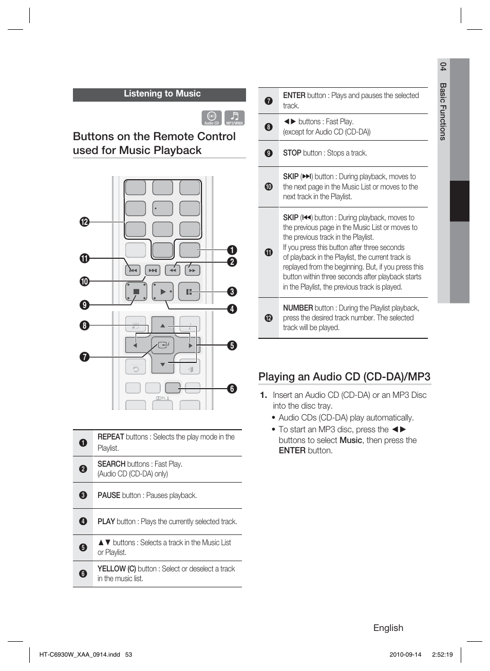 Listening to music, Playing an audio cd (cd-da)/mp3 | Samsung AH68-02279Y User Manual | Page 53 / 74