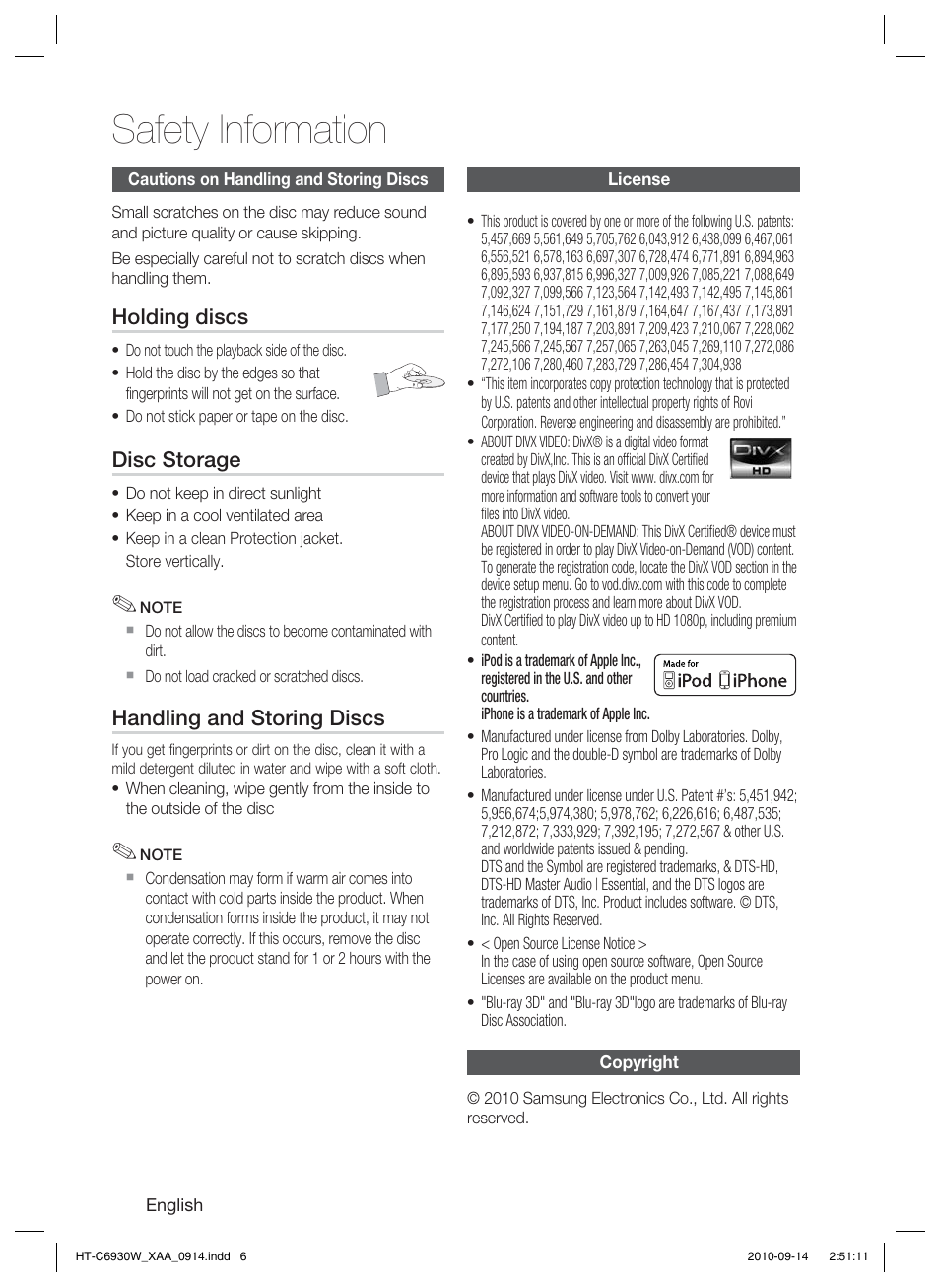 Cautions on handling and storing discs, License, Copyright | Safety information | Samsung AH68-02279Y User Manual | Page 6 / 74