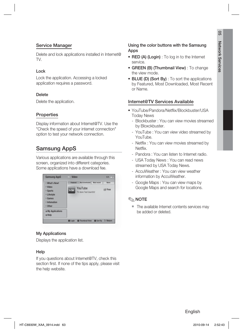 Samsung apps, English, Service manager | Properties, Internet@tv services available | Samsung AH68-02279Y User Manual | Page 63 / 74