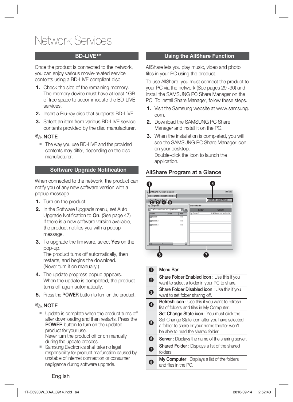 Bd-live, Software upgrade notification, Using the allshare function | Network services | Samsung AH68-02279Y User Manual | Page 64 / 74