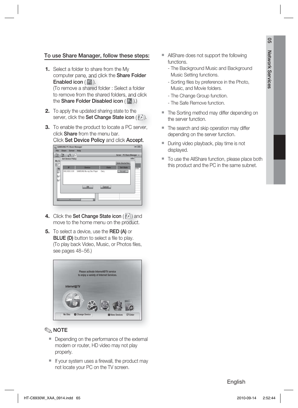 English, Allshare does not support the following functions | Samsung AH68-02279Y User Manual | Page 65 / 74