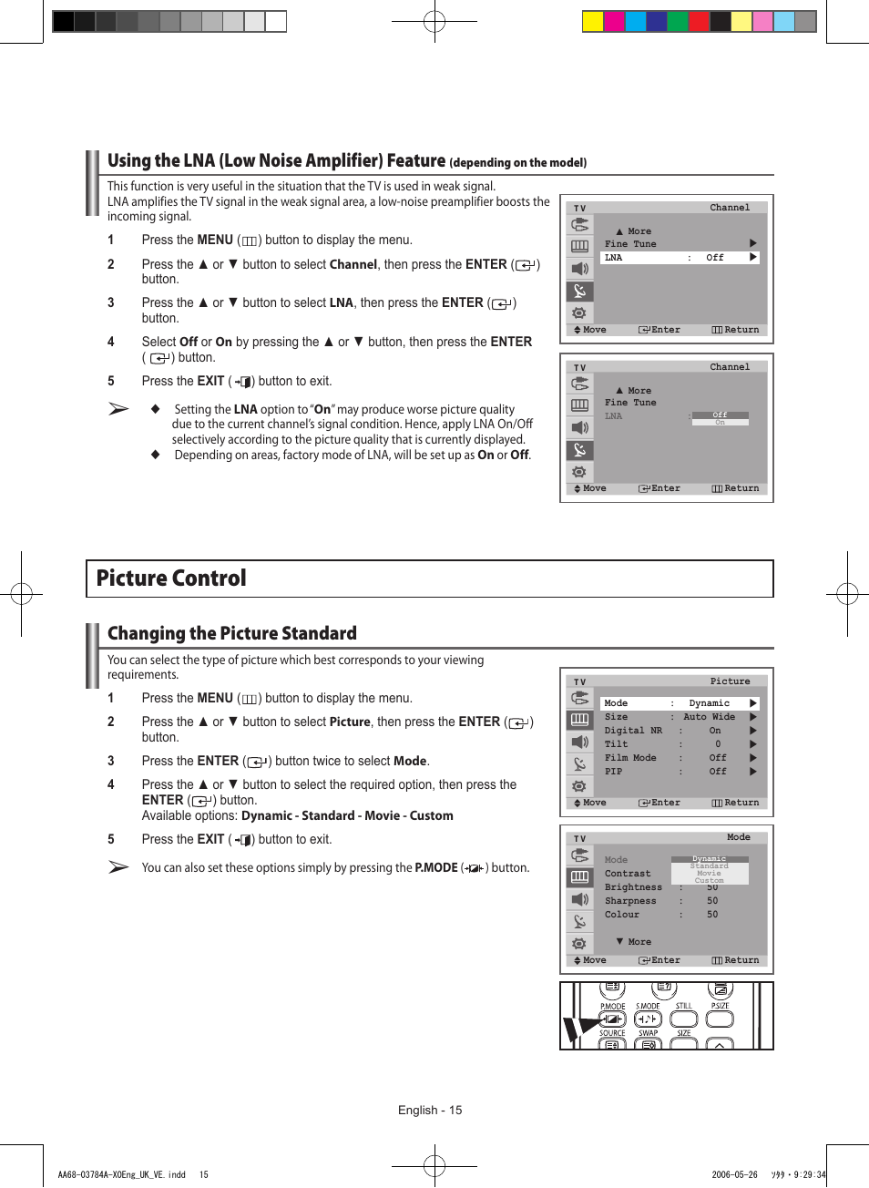 Picture control, Changing the picture standard, Using the lna (low noise amplifier) feature | Samsung WS-32Z308T User Manual | Page 15 / 32