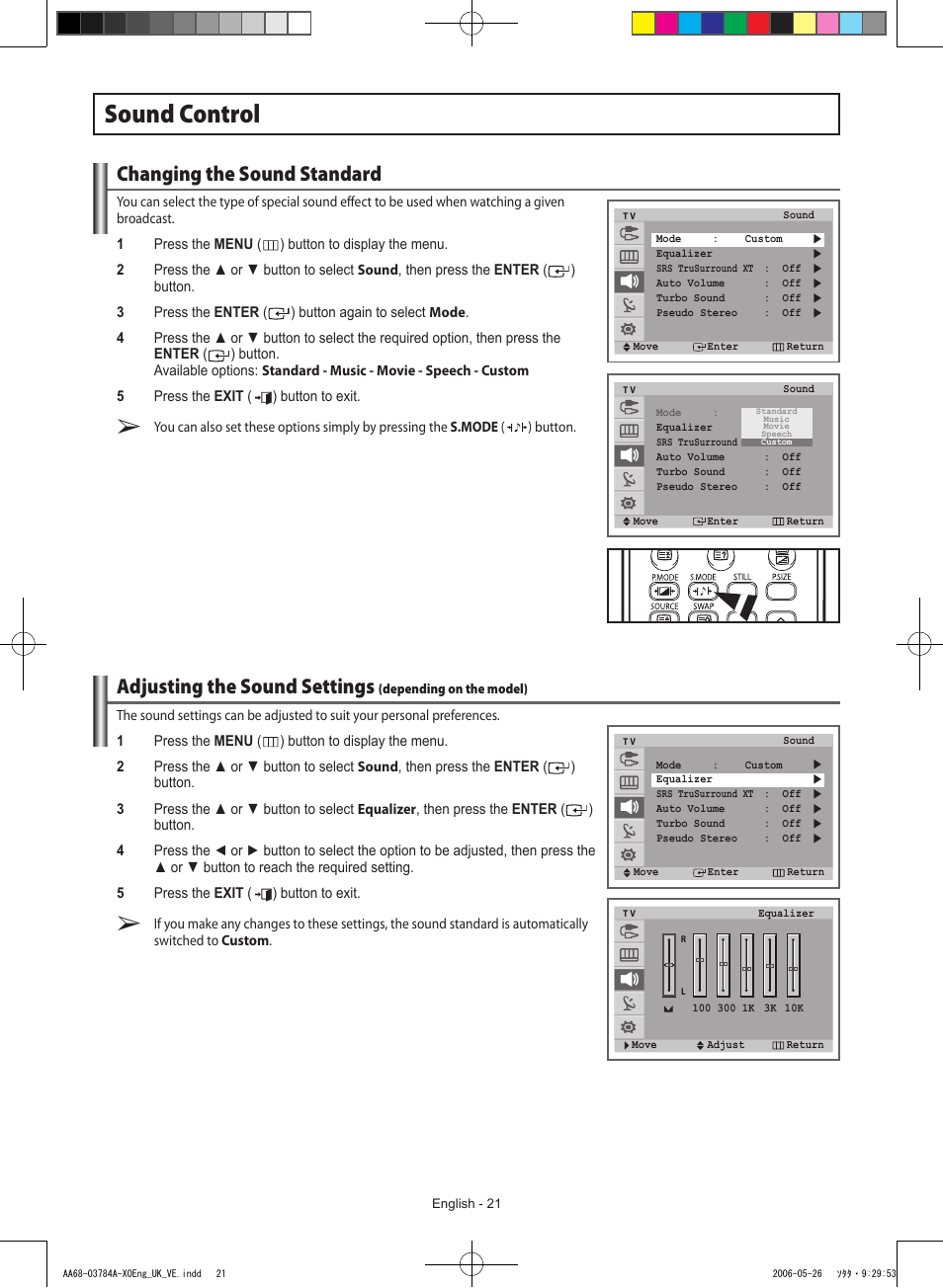 Sound control, Changing the sound standard, Adjusting the sound settings | Samsung WS-32Z308T User Manual | Page 21 / 32