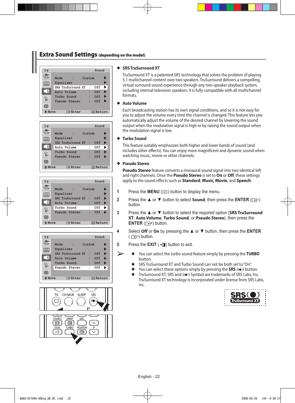 Extra sound settings(depending on the model), Extra sound settings | Samsung WS-32Z308T User Manual | Page 22 / 32