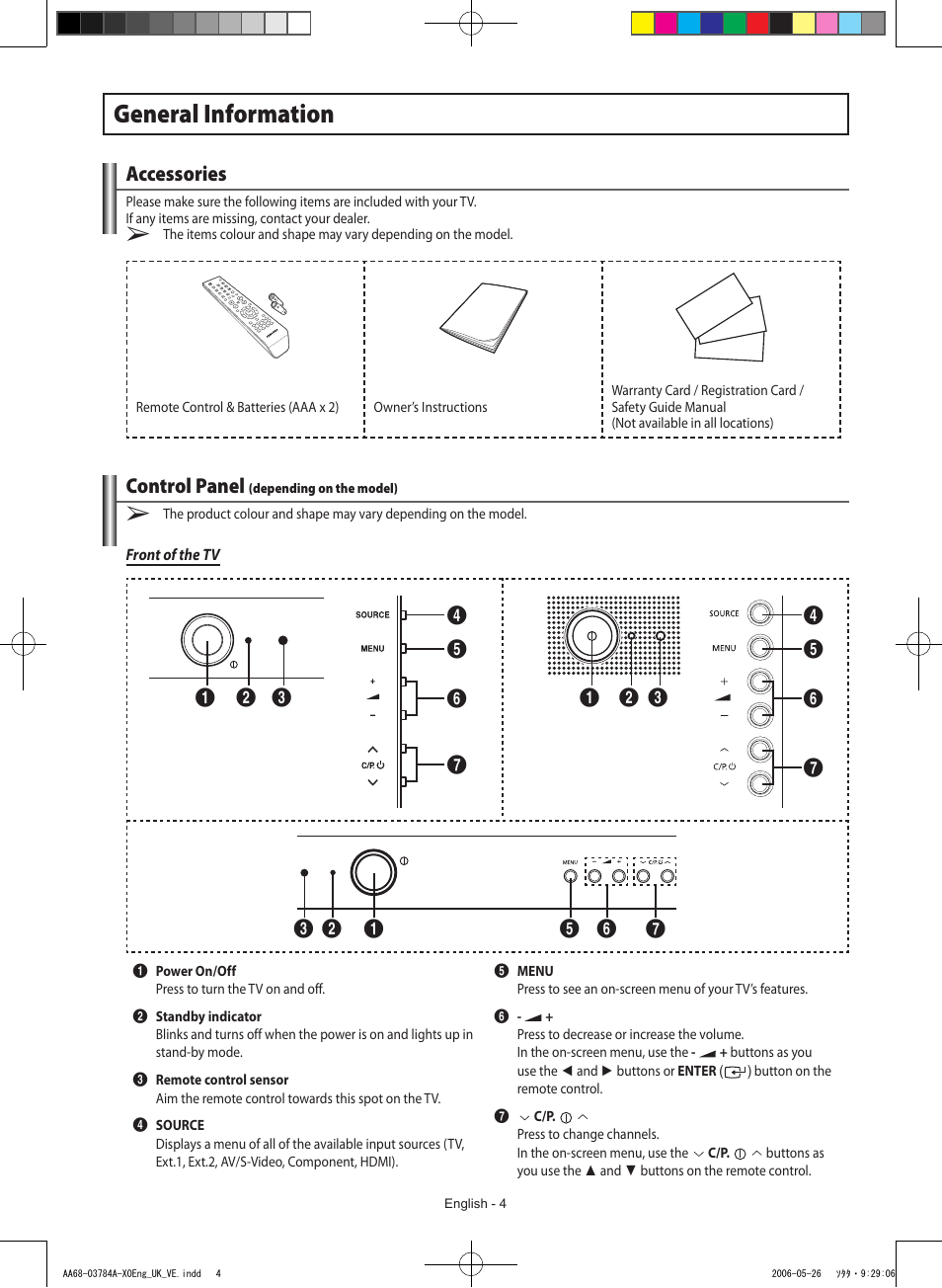 General information, Accessories, Control panel(depending on the model) | Control panel | Samsung WS-32Z308T User Manual | Page 4 / 32