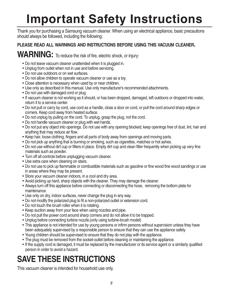 Important safety instructions, Warning, Save these instructions | Samsung SU-8500 User Manual | Page 2 / 14