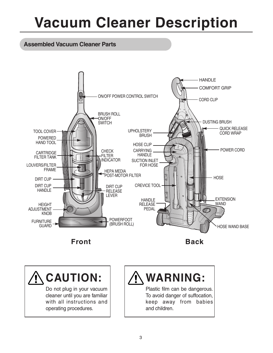 Vacuum cleaner description, Caution, Warning | Front back, Assembled vacuum cleaner parts | Samsung SU-8500 User Manual | Page 3 / 14