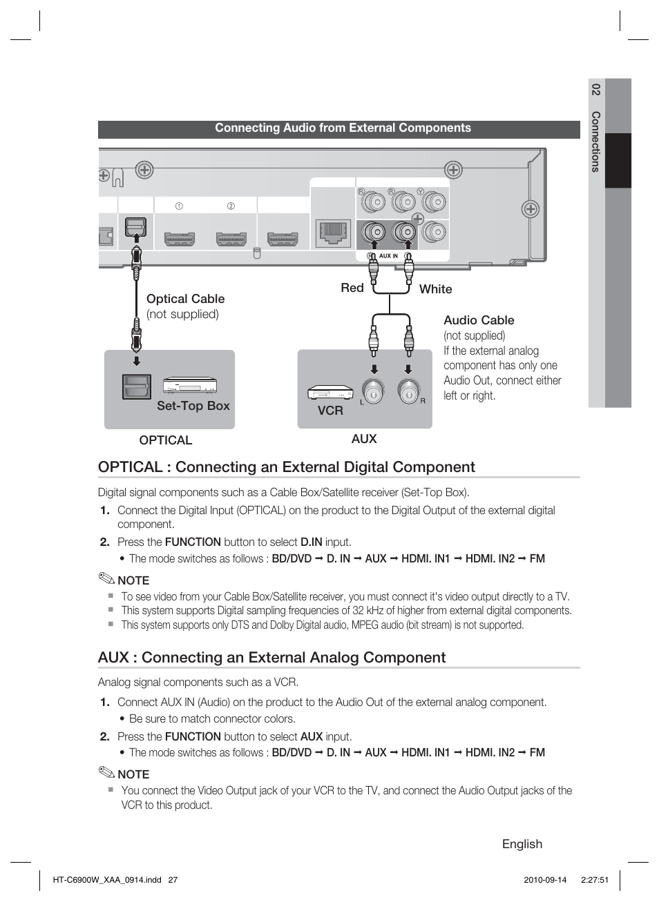 Connecting audio from external components, Optical : connecting an external digital component, Aux : connecting an external analog component | Samsung AH68-02279R User Manual | Page 27 / 73