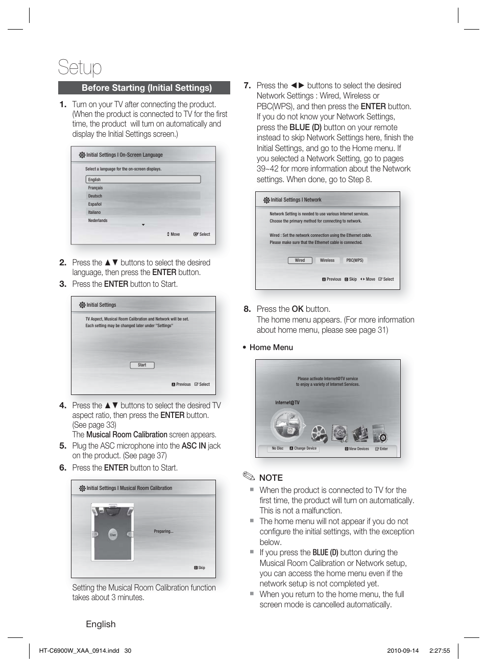 Setup, Before starting (initial settings), English | Home menu | Samsung AH68-02279R User Manual | Page 30 / 73