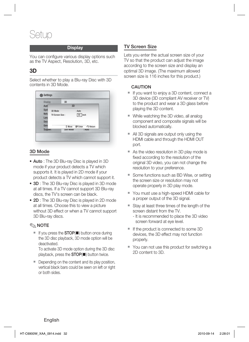 Display, Setup | Samsung AH68-02279R User Manual | Page 32 / 73