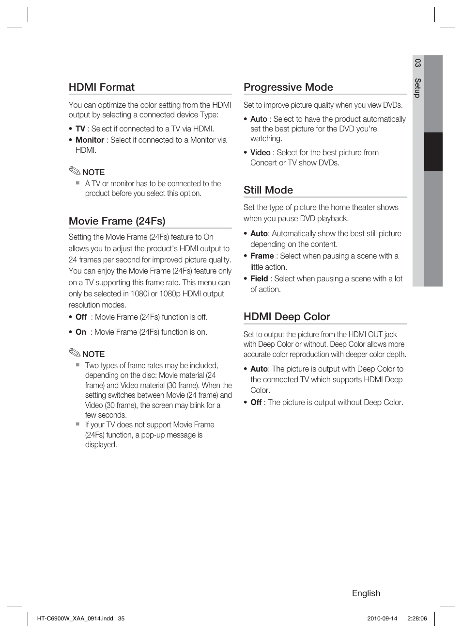 Hdmi format, Movie frame (24fs), Progressive mode | Still mode, Hdmi deep color | Samsung AH68-02279R User Manual | Page 35 / 73