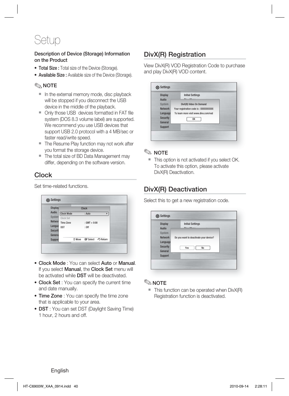 Clock, Divx(r) registration, Divx(r) deactivation | Setup, English | Samsung AH68-02279R User Manual | Page 40 / 73