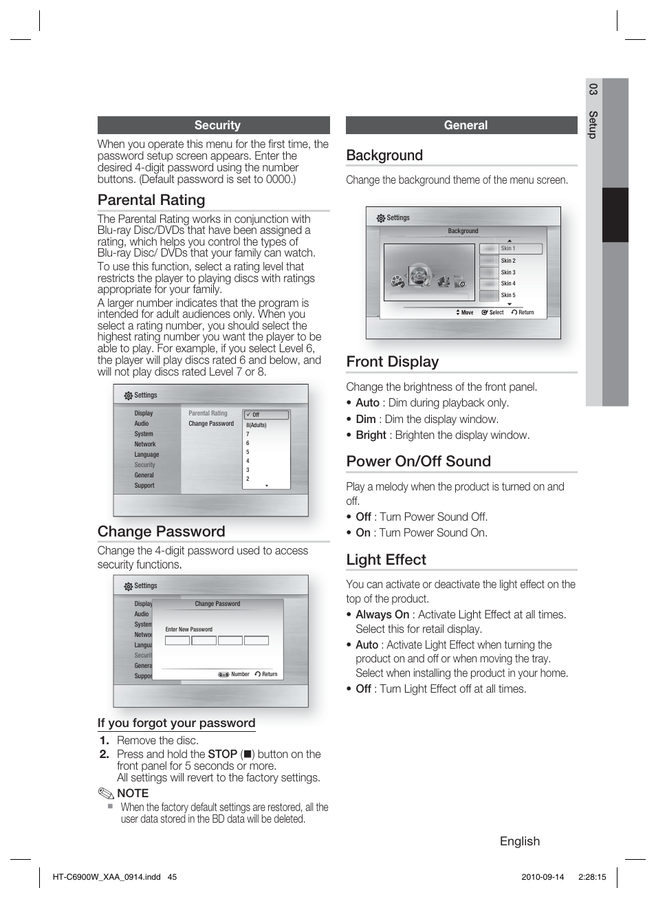 Security, Parental rating, Change password | General, Background, Front display, Power on/off sound, Light effect, English, If you forgot your password | Samsung AH68-02279R User Manual | Page 45 / 73