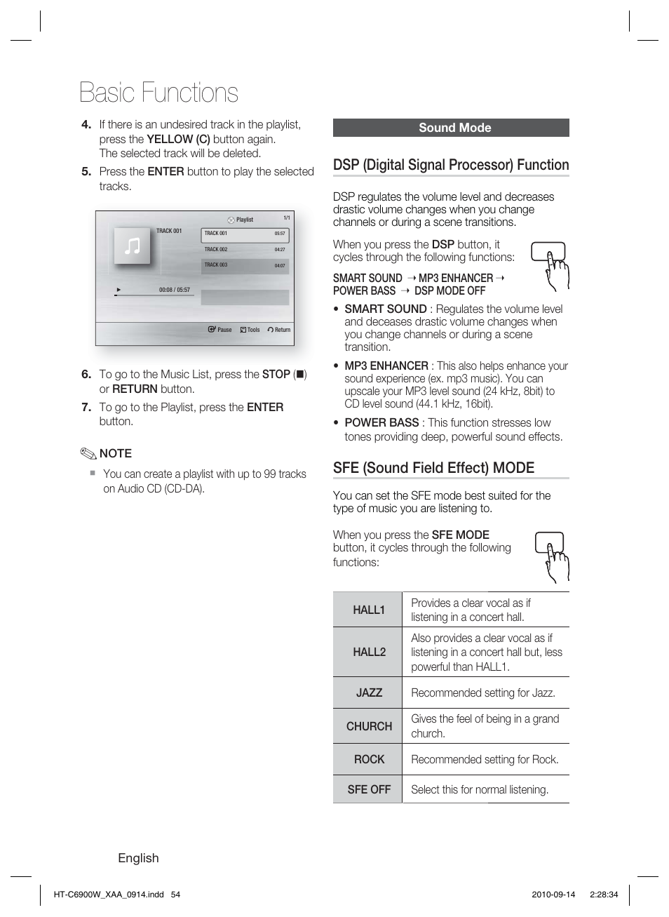 Sound mode, Basic functions, Dsp (digital signal processor) function | Sfe (sound field effect) mode | Samsung AH68-02279R User Manual | Page 54 / 73