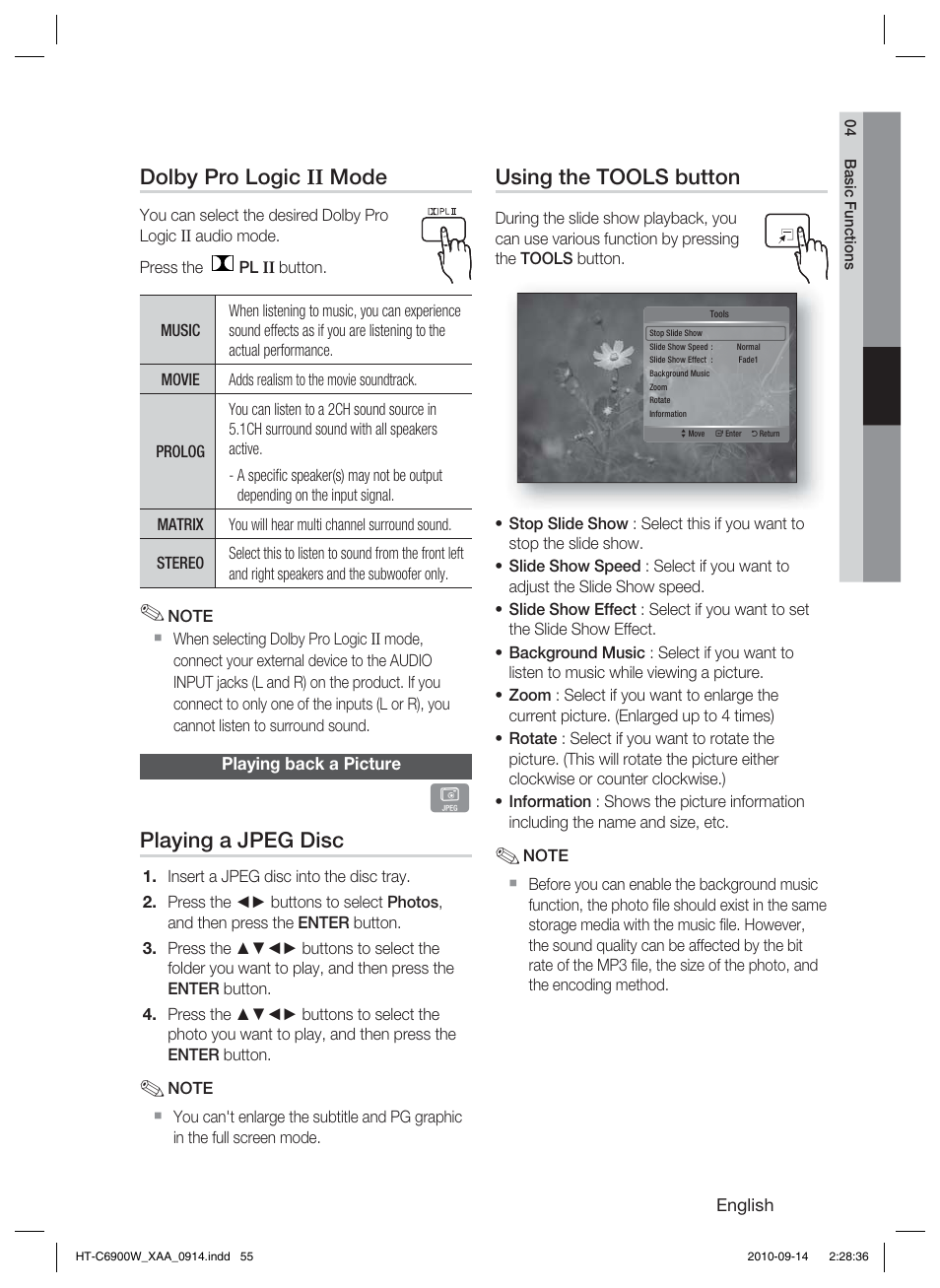 Playing back a picture, Using the tools button, Dolby pro logic ii mode | Playing a jpeg disc | Samsung AH68-02279R User Manual | Page 55 / 73