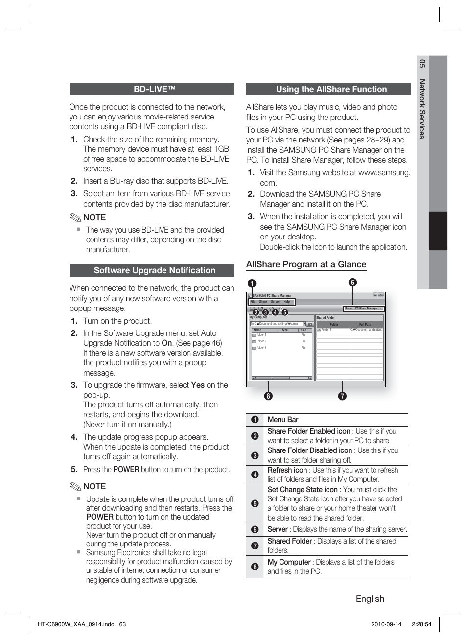 Bd-live, Software upgrade notification, Using the allshare function | Samsung AH68-02279R User Manual | Page 63 / 73