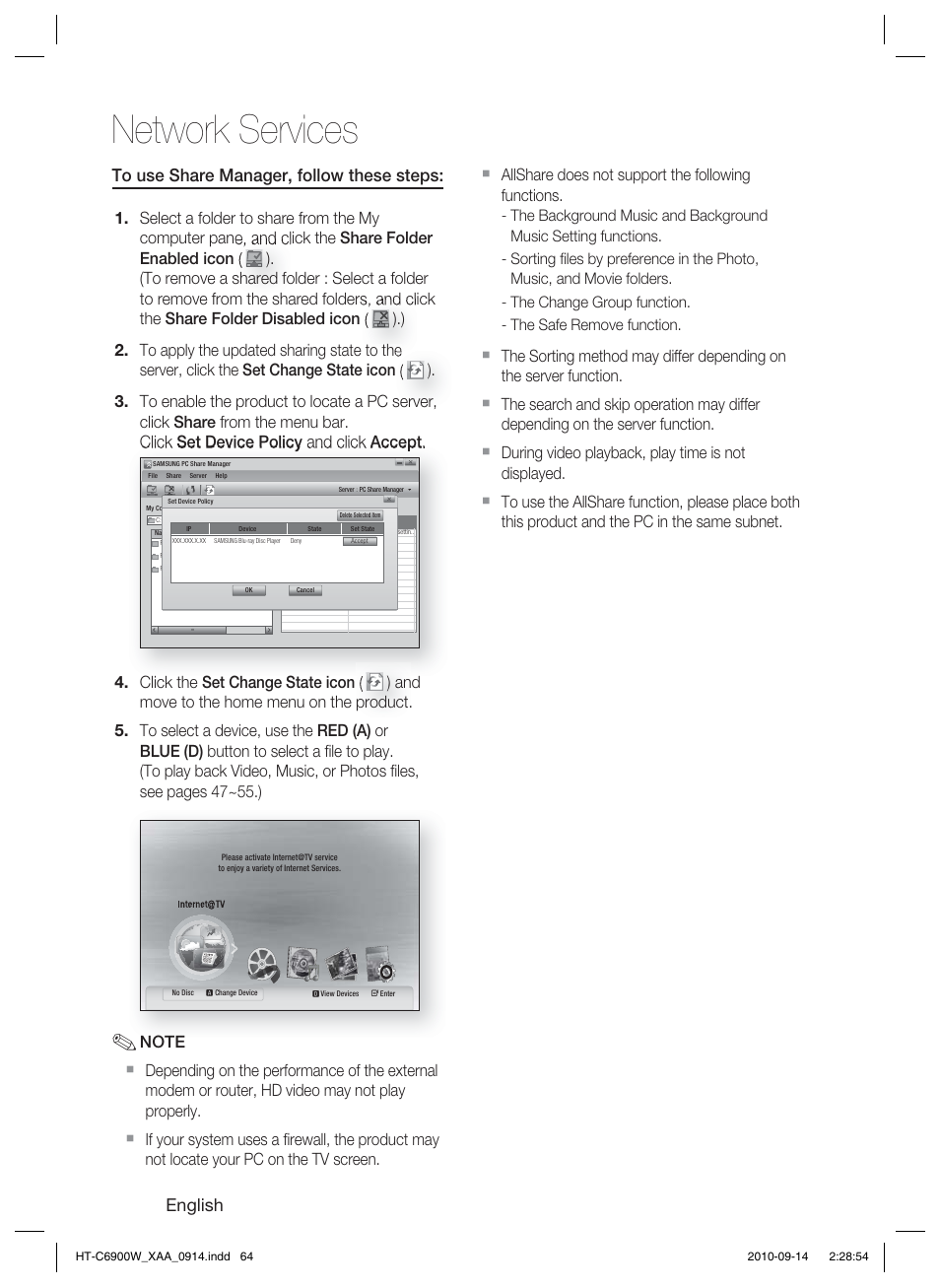 Network services, English, Allshare does not support the following functions | Samsung AH68-02279R User Manual | Page 64 / 73
