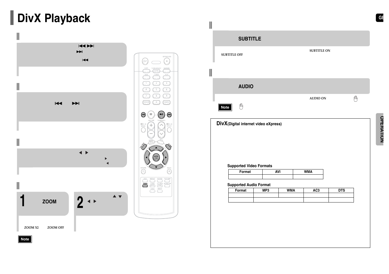 Divx playback, Fast playback skip forward/back, Zoom function | 5 minute skip function, Subtitle display, Audio display | Samsung HT-TP12 User Manual | Page 11 / 30