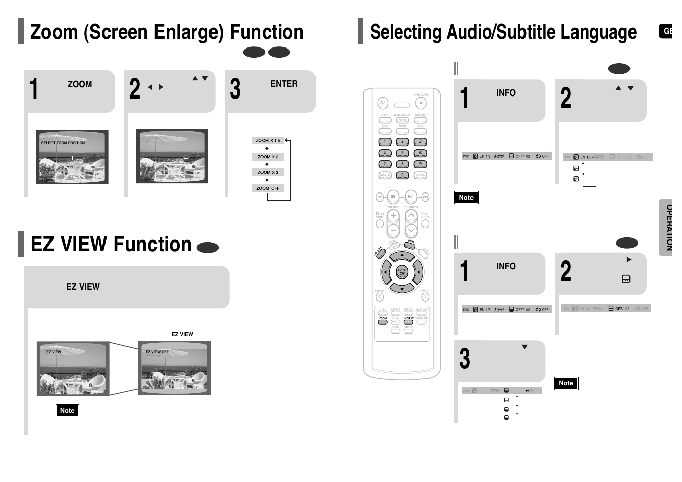 Zoom (screen enlarge) function, Ez view function, Selecting audio/ subtitle language | Zoom (screen enlarge) function ez view function, Selecting audio/subtitle language, Audio language selection function, Subtitle language selection function | Samsung HT-TP12 User Manual | Page 15 / 30