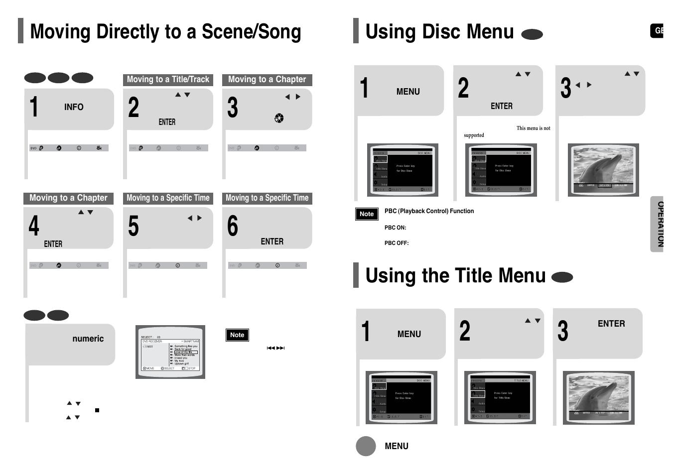 Moving directly to a scene/ song, Using disc menu, Using the title menu | Moving directly to a scene/song | Samsung HT-TP12 User Manual | Page 16 / 30