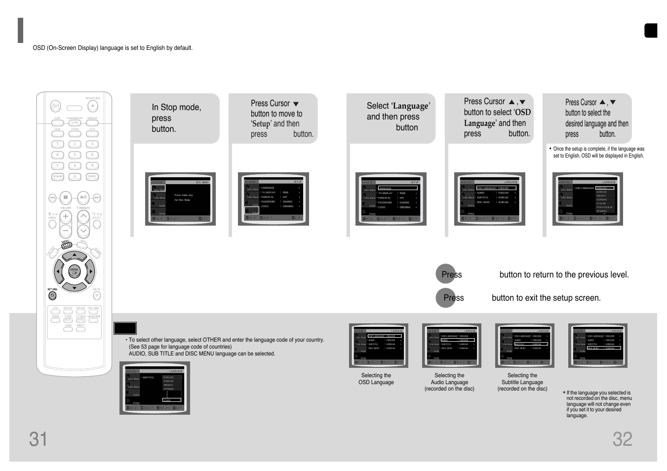 Setup, Setting the language, Setting the language 31 | Samsung HT-TP12 User Manual | Page 17 / 30