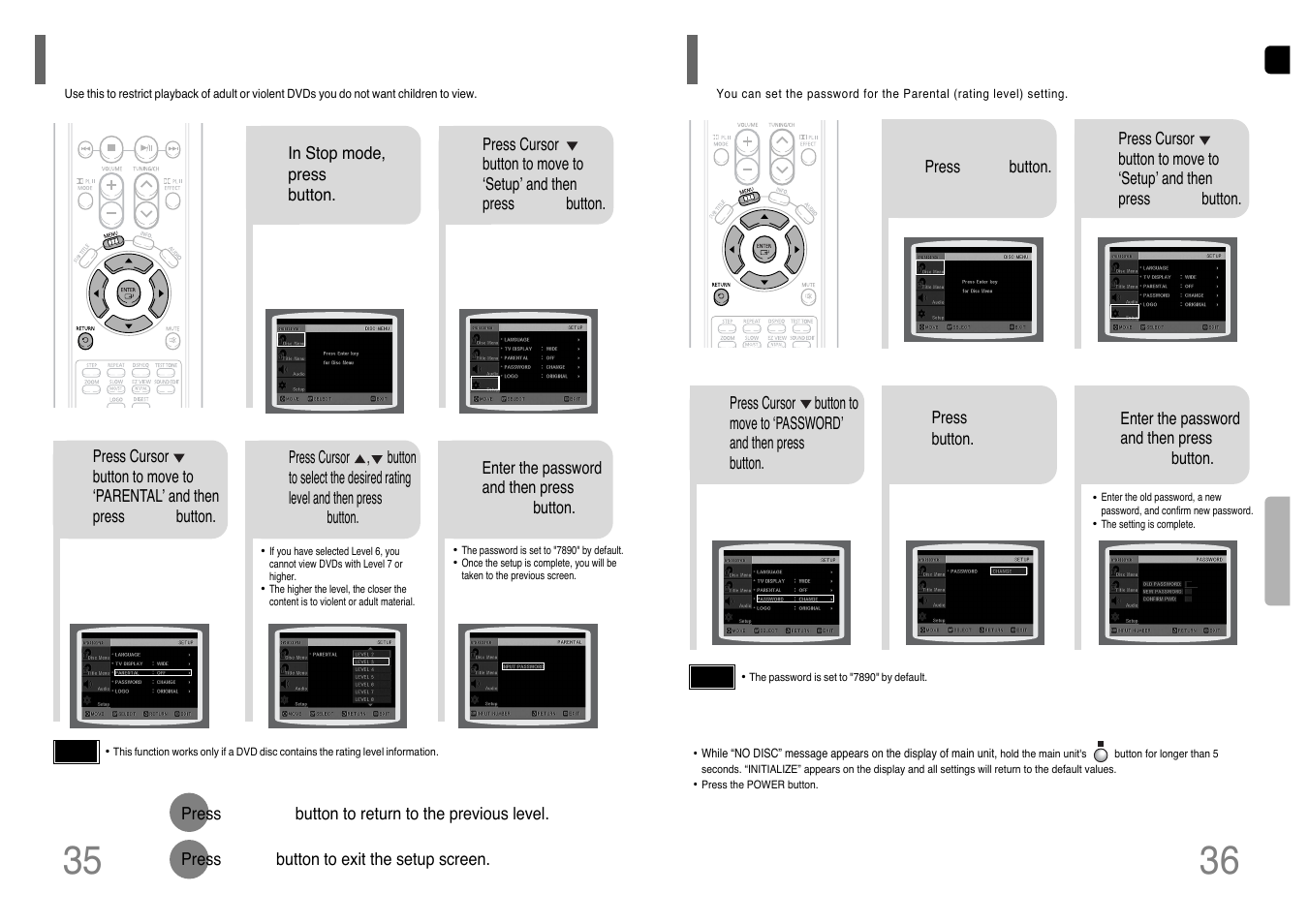 Setting parental controls (rating level), Setting the password | Samsung HT-TP12 User Manual | Page 19 / 30