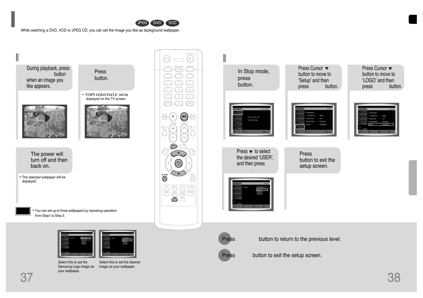 Setting the wallpaper | Samsung HT-TP12 User Manual | Page 20 / 30