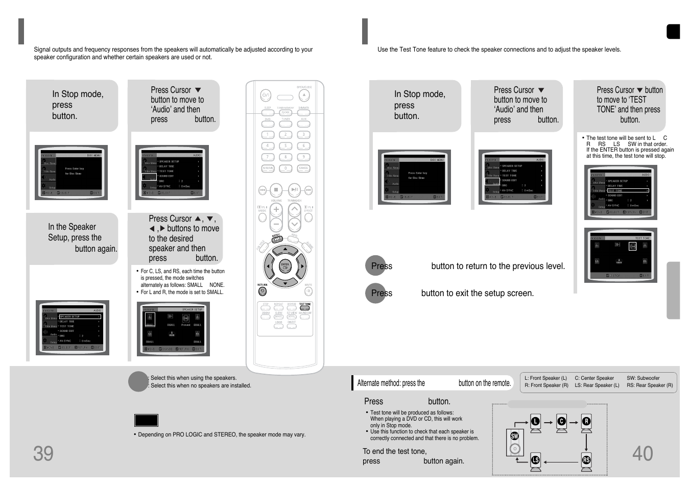 Setting the speaker mode, Setting the test tone, Setting the test tone 39 | Samsung HT-TP12 User Manual | Page 21 / 30