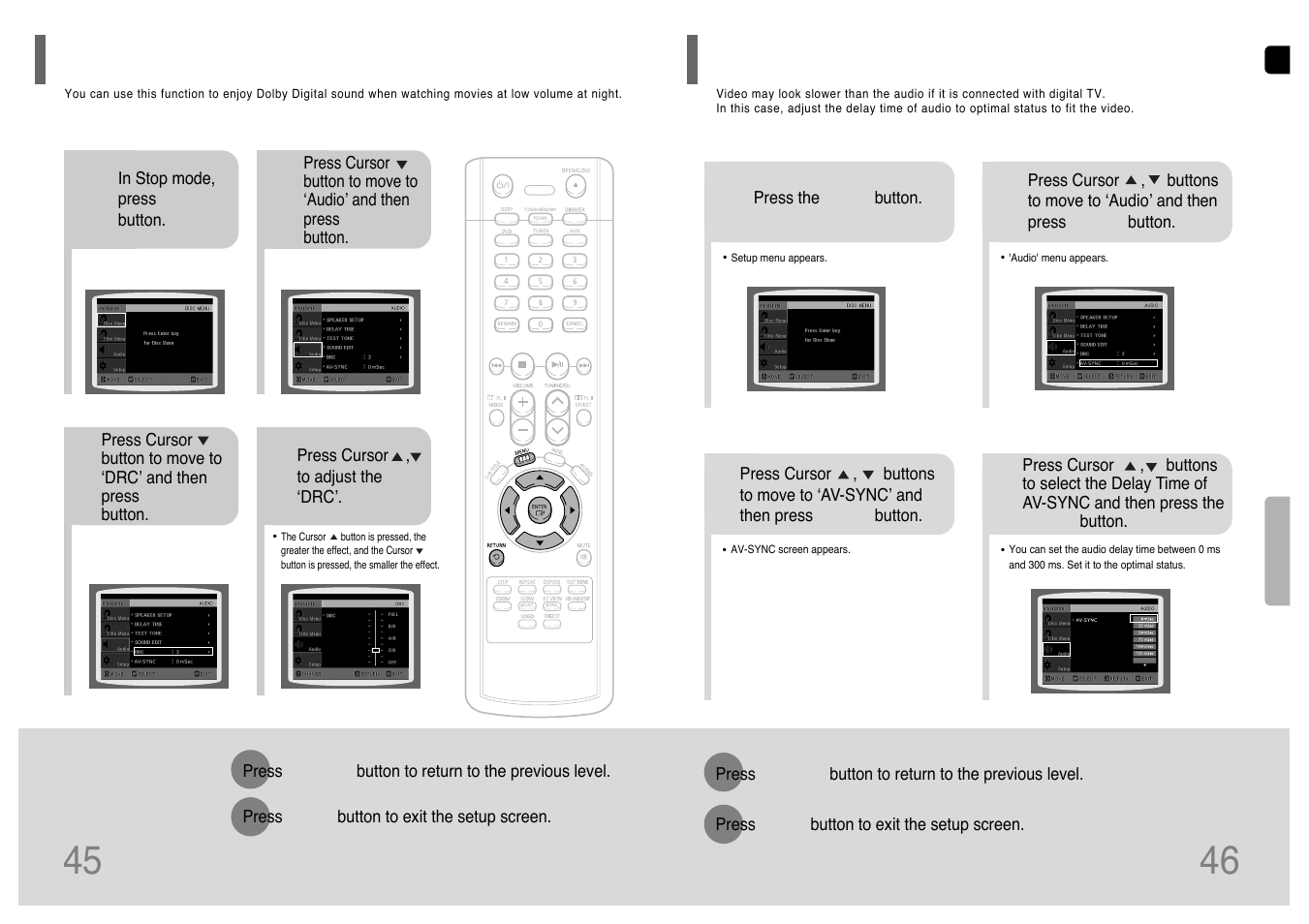 Setting the drc (dynamic range compression), Av sync setup, Setting the drc | Dynamic range compression) | Samsung HT-TP12 User Manual | Page 24 / 30