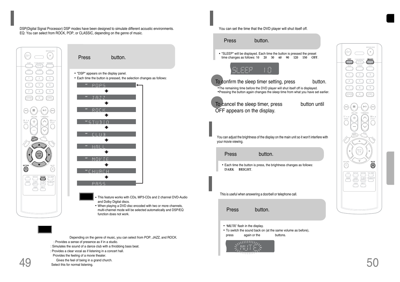 Sound field (dsp)/ eq function, Sleep timer function, Adjusting display brightness | Mute function, Sound field (dsp)/eq function | Samsung HT-TP12 User Manual | Page 26 / 30