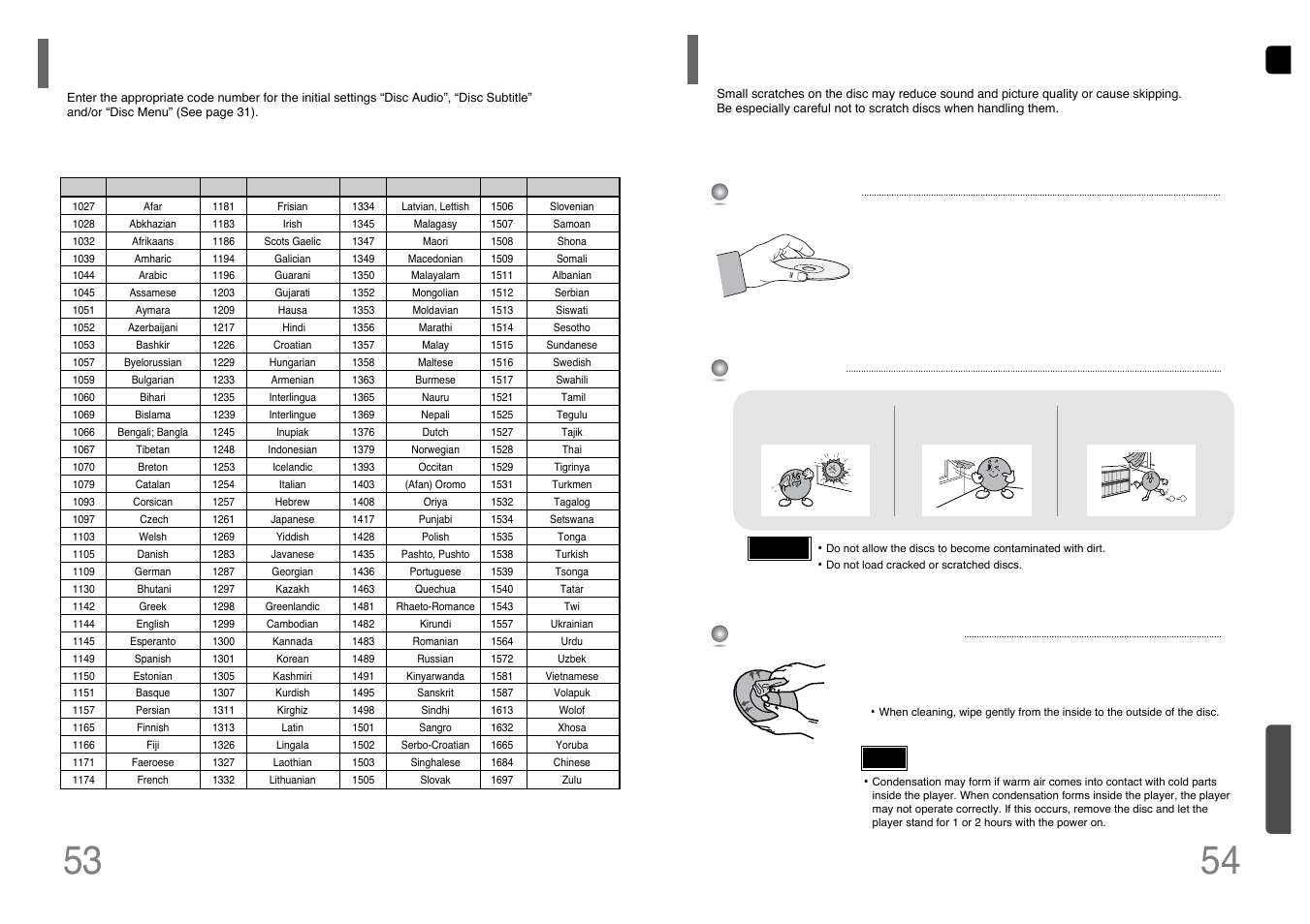 Miscellaneous, Language code list, Cautions on handling and storing discs | Samsung HT-TP12 User Manual | Page 28 / 30