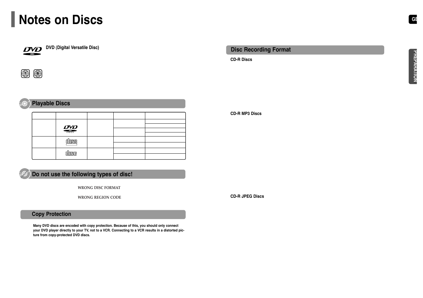 Notes on discs, Disc recording format, Do not use the following types of disc | Playable discs | Samsung HT-TP12 User Manual | Page 4 / 30