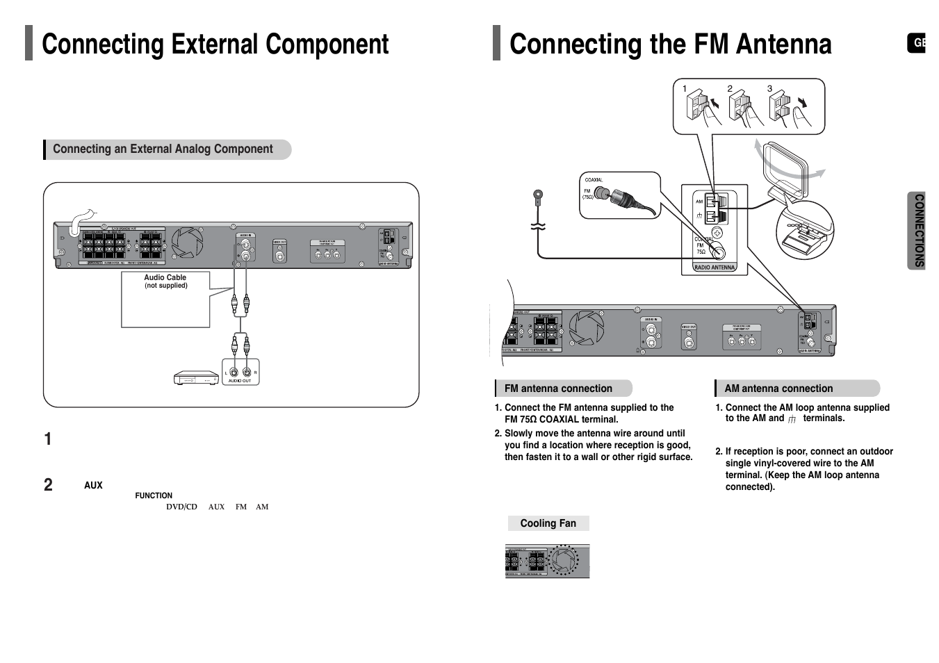 Connecting external component, Connecting the fm antenna | Samsung HT-TP12 User Manual | Page 9 / 30