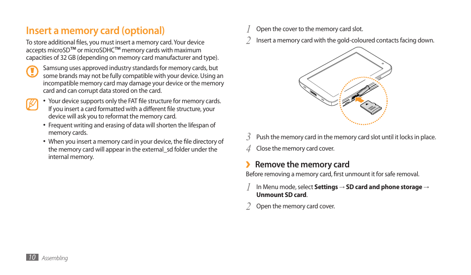 Insert a memory card (optional) | Samsung GALAXY TAB GT-P1000 User Manual | Page 10 / 82