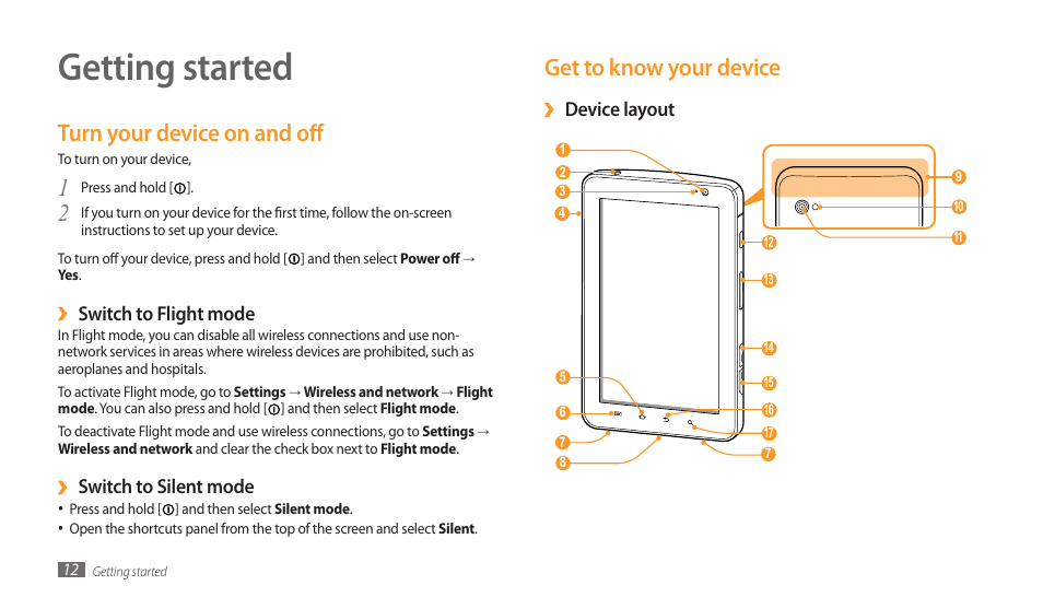 Getting started, Turn your device on and off, Get to know your device | Device layout, Switch to flight mode, Switch to silent mode | Samsung GALAXY TAB GT-P1000 User Manual | Page 12 / 82