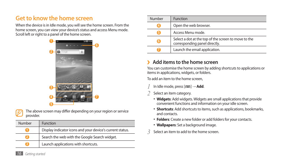 Get to know the home screen, 3get to know the home screen, Add items to the home screen | Samsung GALAXY TAB GT-P1000 User Manual | Page 16 / 82