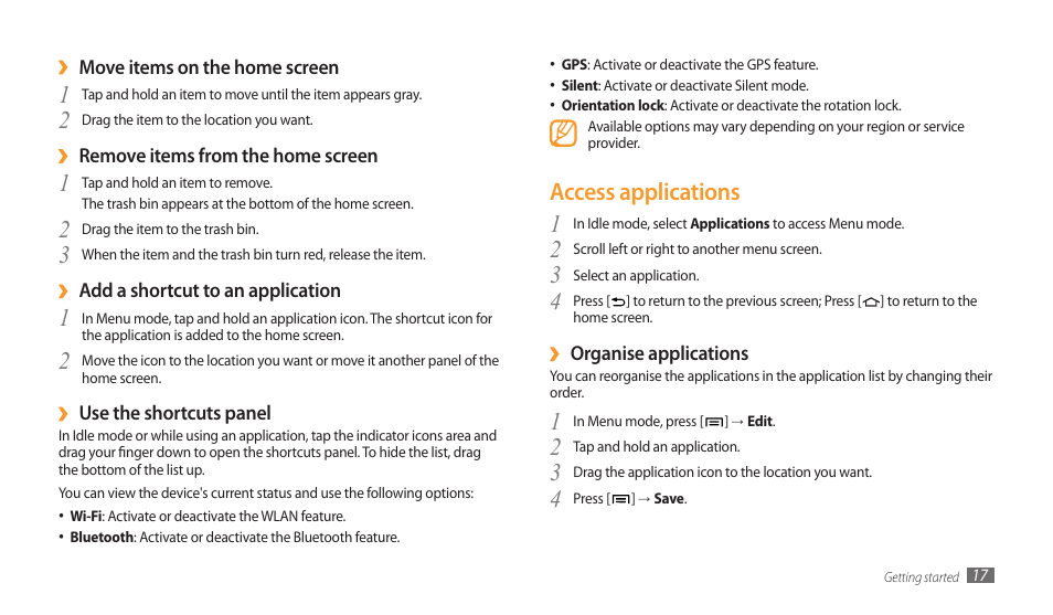 Access applications | Samsung GALAXY TAB GT-P1000 User Manual | Page 17 / 82