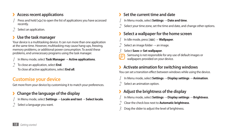 Customise your device | Samsung GALAXY TAB GT-P1000 User Manual | Page 18 / 82