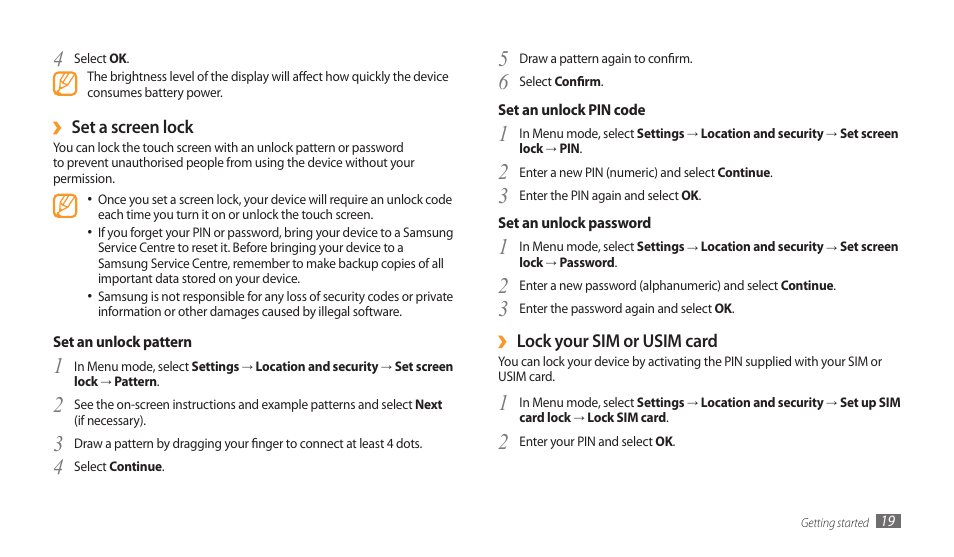 Lock your sim or usim card, Set a screen lock | Samsung GALAXY TAB GT-P1000 User Manual | Page 19 / 82