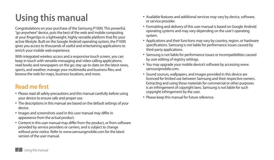 Using this manual, Read me first | Samsung GALAXY TAB GT-P1000 User Manual | Page 2 / 82
