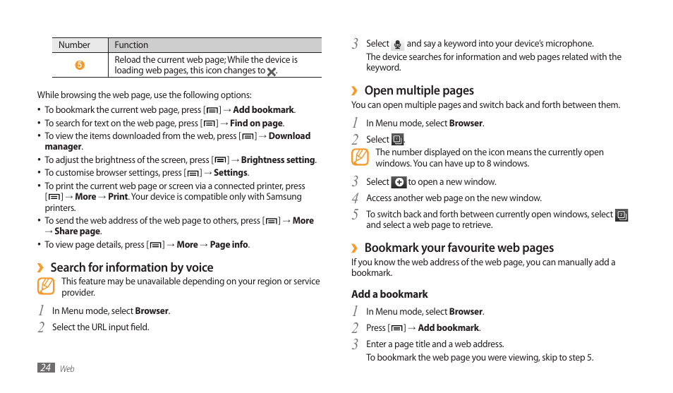 Open multiple pages, Bookmark your favourite web pages, Search for information by voice | Samsung GALAXY TAB GT-P1000 User Manual | Page 24 / 82