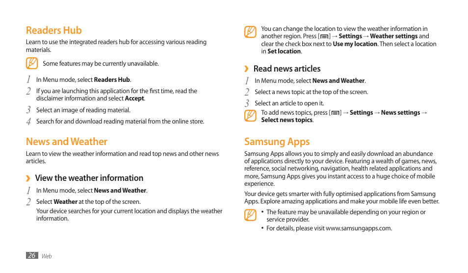 Readers hub, News and weather, Samsung apps | Readers hub news and weather samsung apps, 4news and weather | Samsung GALAXY TAB GT-P1000 User Manual | Page 26 / 82