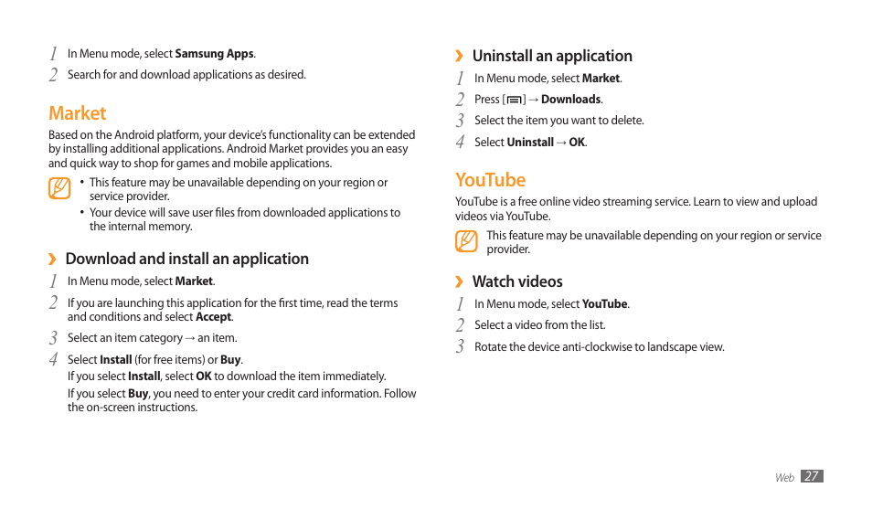 Market, Youtube, Market youtube | 2market | Samsung GALAXY TAB GT-P1000 User Manual | Page 27 / 82