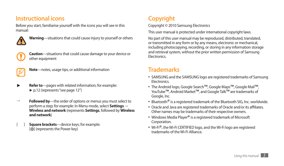 Copyright, Trademarks, Instructional icons | Samsung GALAXY TAB GT-P1000 User Manual | Page 3 / 82